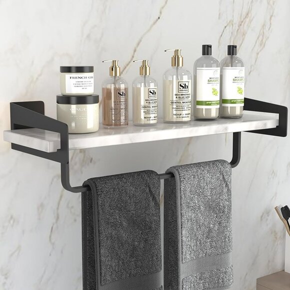 NEW Marble Bathroom Shelf with Towel Bar, 16" Metal Modern Floating Shelf Wall - Picture 1 of 8